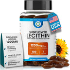 Organic Sunflower Lecithin 1200mg – Soy-Free Lecithin Supplement for Brain, Heart, Nerve & Liver Support, Cognitive Health, Non-GMO – 100 Softgels (Made in USA)