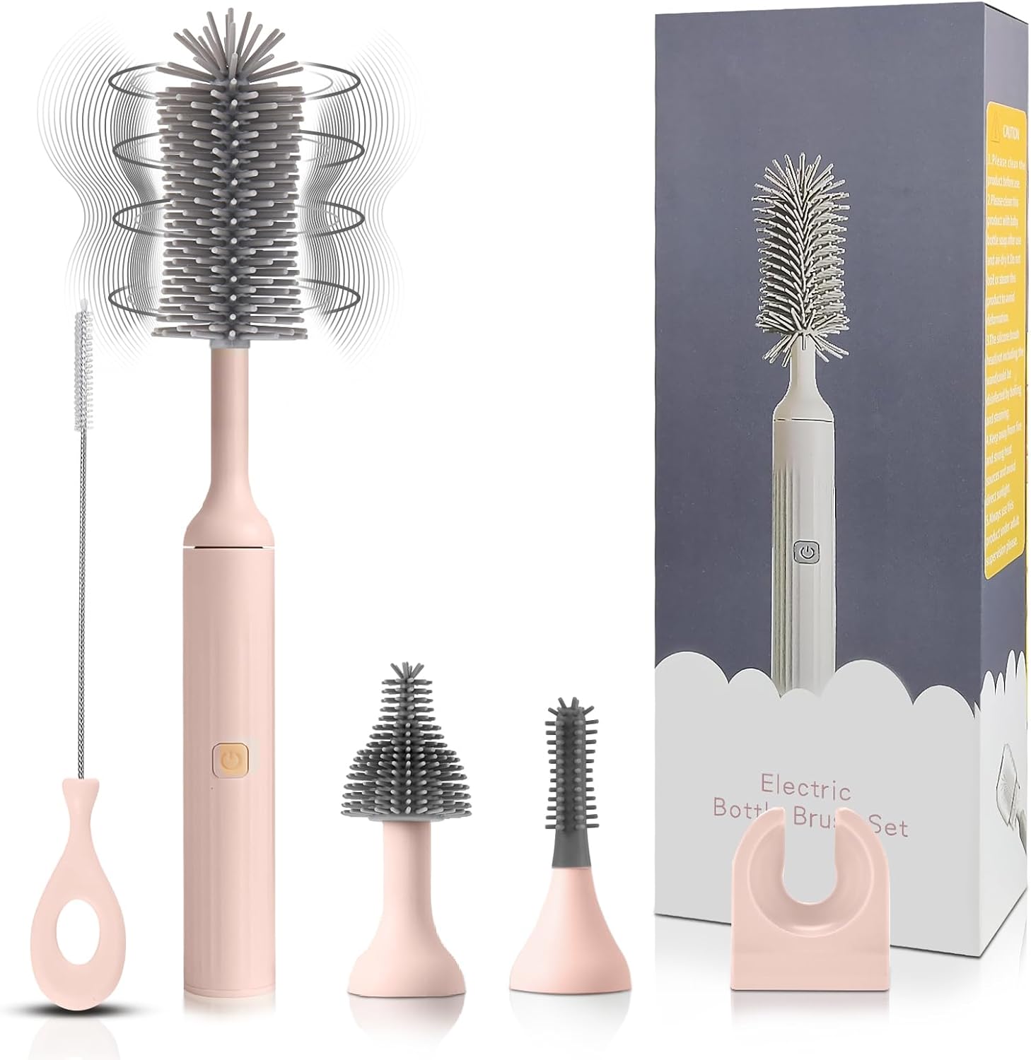 Electric Cleaning Brush with USB Rechargeable Electric Bottle Brush Cleaner and 3 Replaceable Silicone Bottle Brushes and Straw Cleaner Brush,Perfect Baby Gifts and Kitchen Brushes(Pink)