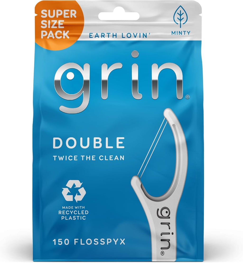GRIN Double Flosspyx, Floss Picks, 150 ct, Dental Flossers, Minty Flavor, Recycled Plastic, 2 Lines of Strong Floss, Longer Floss Head, Traps Food and Plaque, Includes Safe Soft Fold-Back Tooth Pick