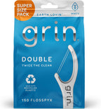 GRIN Double Flosspyx, Floss Picks, 150 ct, Dental Flossers, Minty Flavor, Recycled Plastic, 2 Lines of Strong Floss, Longer Floss Head, Traps Food and Plaque, Includes Safe Soft Fold-Back Tooth Pick