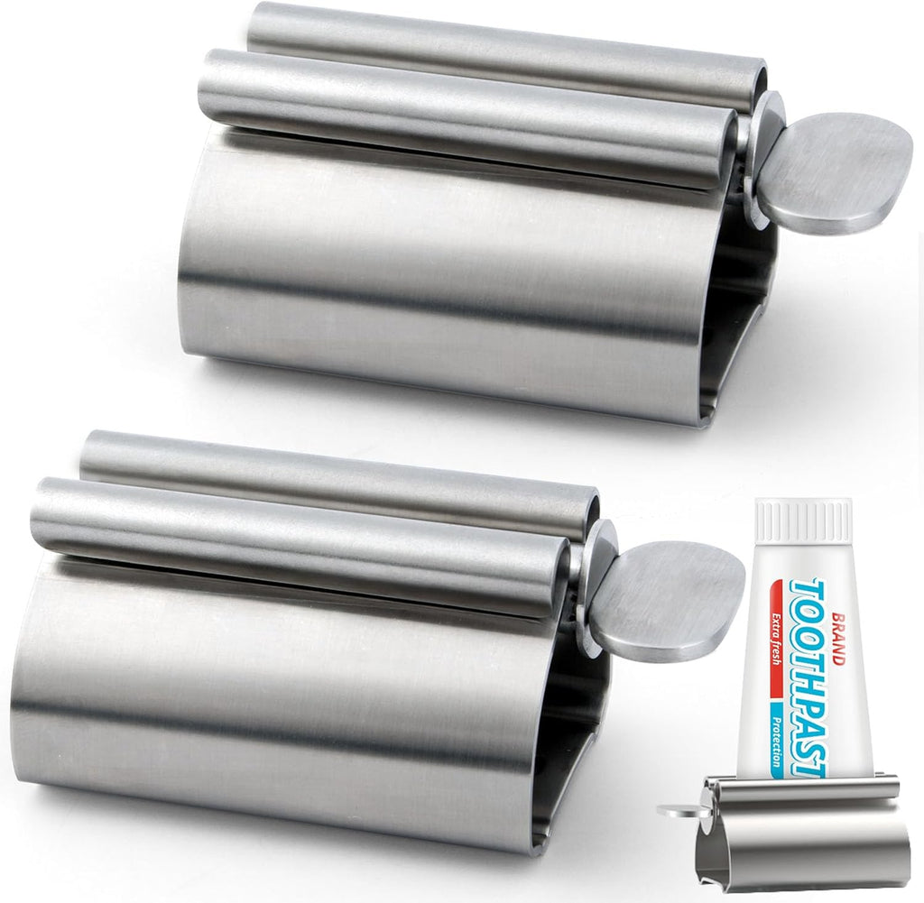 LOVEINUSA Toothpaste Tube Squeezer Dispenser, 2PCS Toothpaste Roller Squeezer Tool Metal Tooth Paste Holder for Bathroom, Silver
