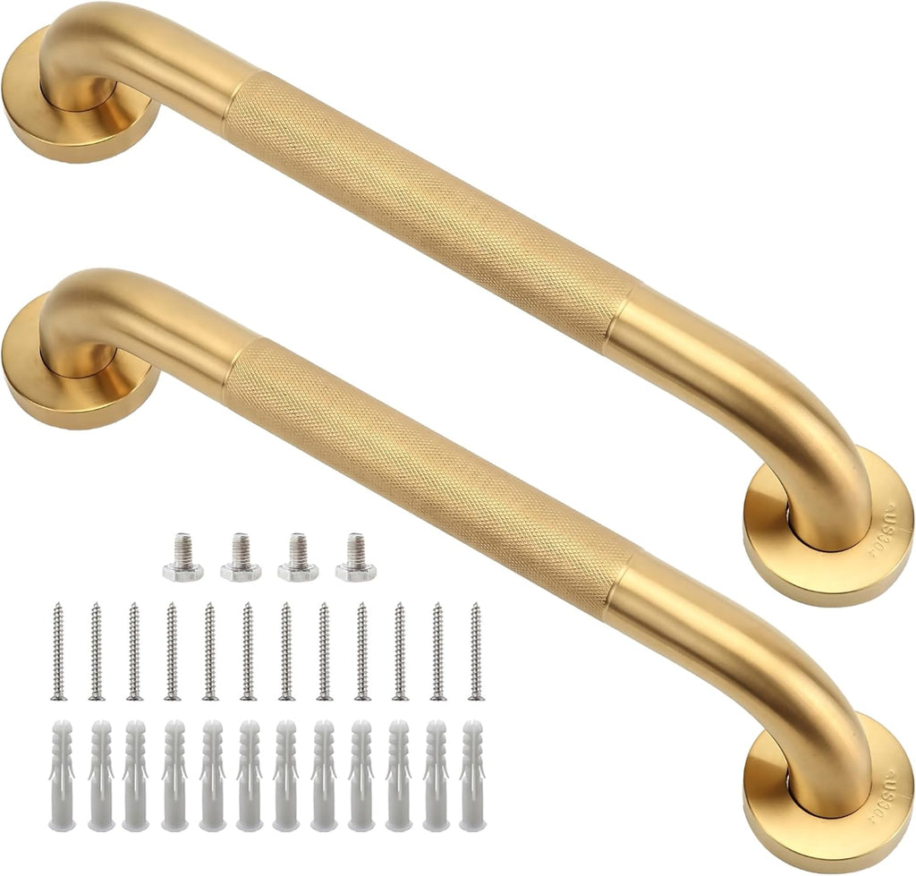 Shower Grab Bar, 2 Pack 16 Inch Gold Bathroom Grab Bar, 1.25" Diameter 304 Stainless Steel Anti-Slip Grab Bars for Bathtubs and Showers, Handicap Shower Grab Bar for Seniors Elderly