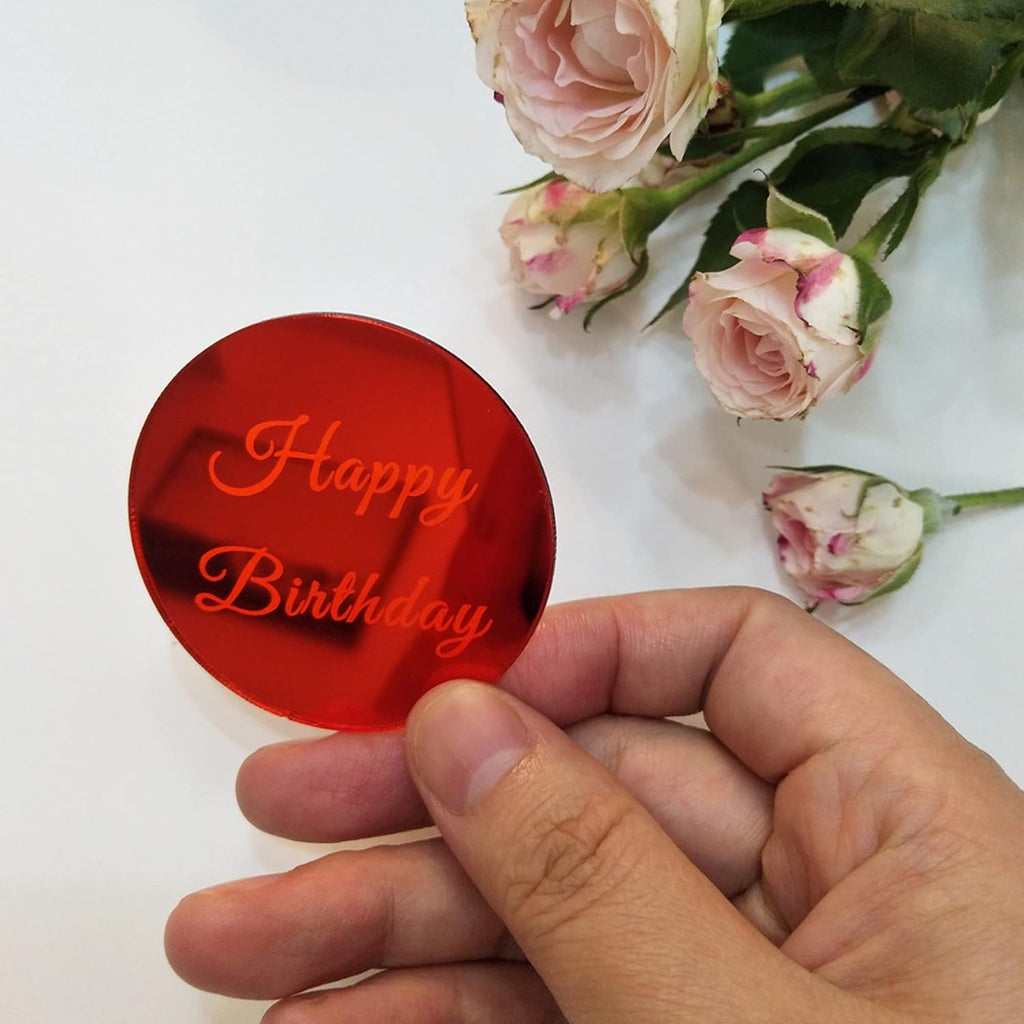 Set of 12pcs Happy Birthday Cake Disc Cupcake Toppers, Mirror Acrylic Cake Charm, Engraved Topper,Mini Acrylic Cake Toppers (Red Mirror)