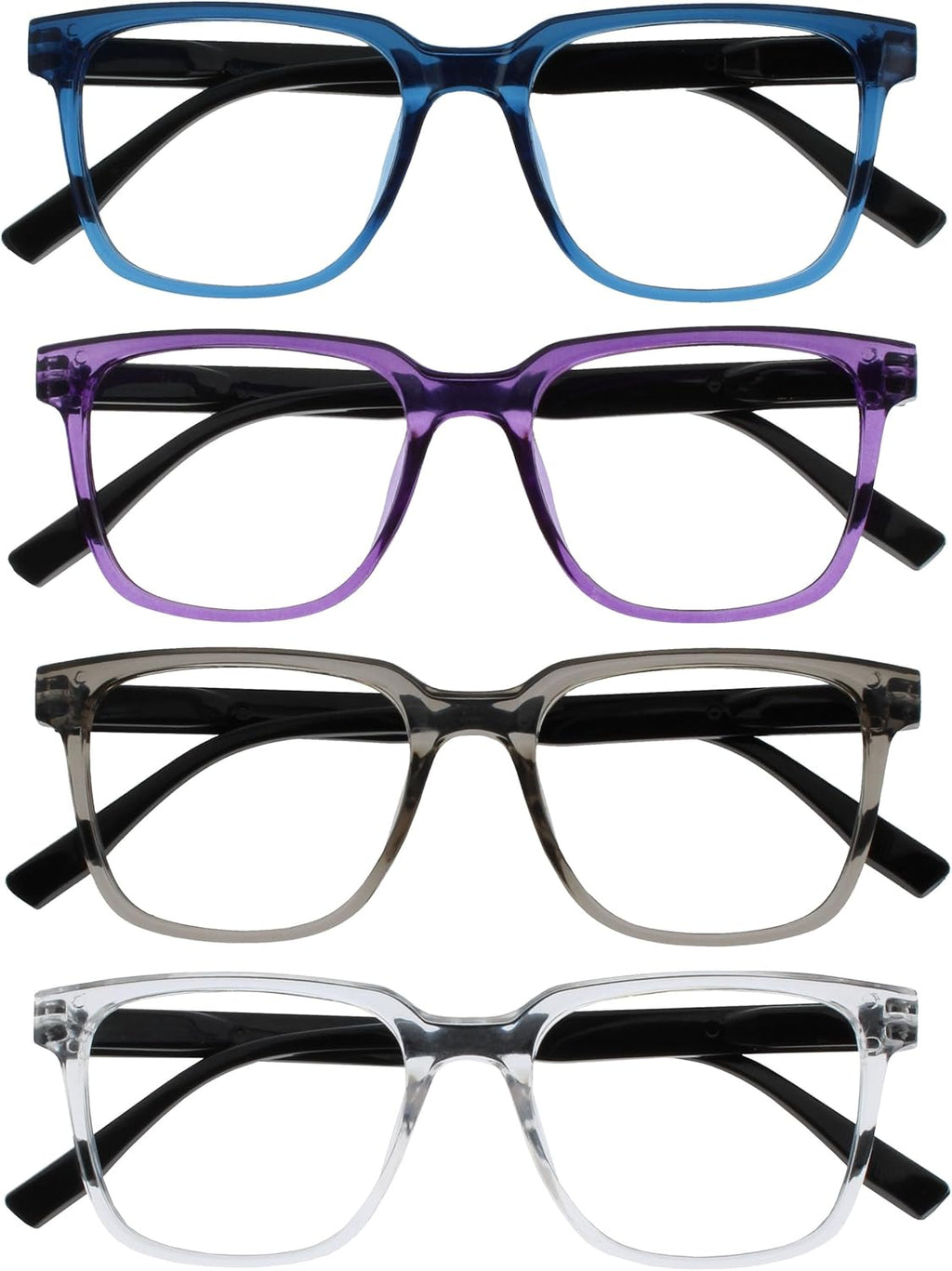 OPULIZE LEO Reading Glasses for Women Men, Large Rectangular Frame with Spring Hinges, Blue Purple Grey Clear +1.50 (Pack of 4)