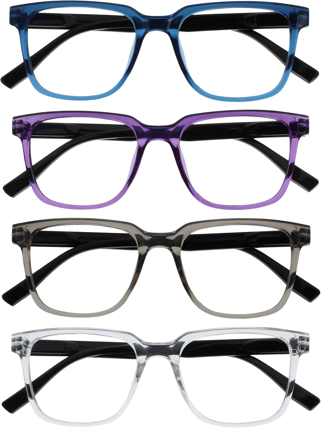 OPULIZE LEO Reading Glasses for Women Men, Large Rectangular Frame with Spring Hinges, Blue Purple Grey Clear +1.50 (Pack of 4)