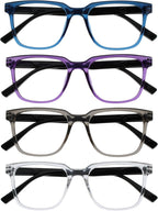 OPULIZE LEO Reading Glasses for Women Men, Large Rectangular Frame with Spring Hinges, Blue Purple Grey Clear +2.50 (Pack of 4)