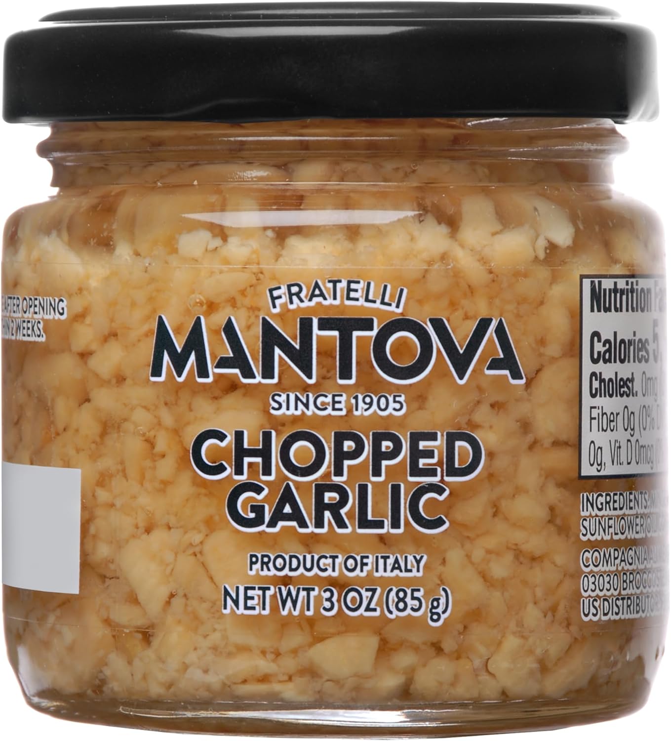 Mantova Chopped Garlic in Oil, 3 oz (85g),- Pack of 3, Product of Italy – Ready to Use Minced Garlic for Cooking, Pasta, Sauces & Marinades – Glass Jar, All-Natural, Non-GMO, Gluten-Free, Cholesterol-Free, Vegan-Friendly
