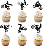12 Pcs Motocross Cupcake Toppers Black Glitter Dirt Bike Cupcake Decor for Sports Theme Motorcycle Cupcake Decorations Kids Boys Men Birthday Party Supplies