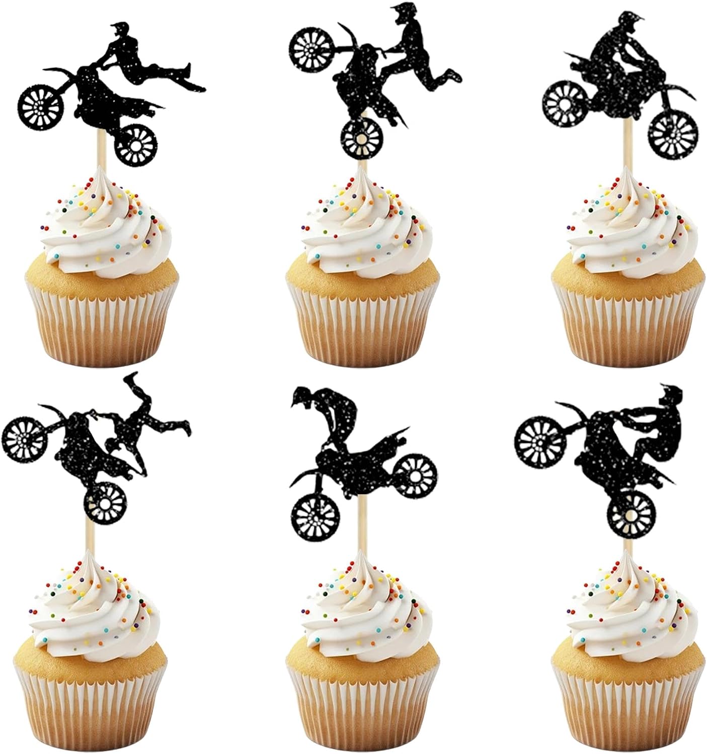 12 Pcs Motocross Cupcake Toppers Black Glitter Dirt Bike Cupcake Decor for Sports Theme Motorcycle Cupcake Decorations Kids Boys Men Birthday Party Supplies