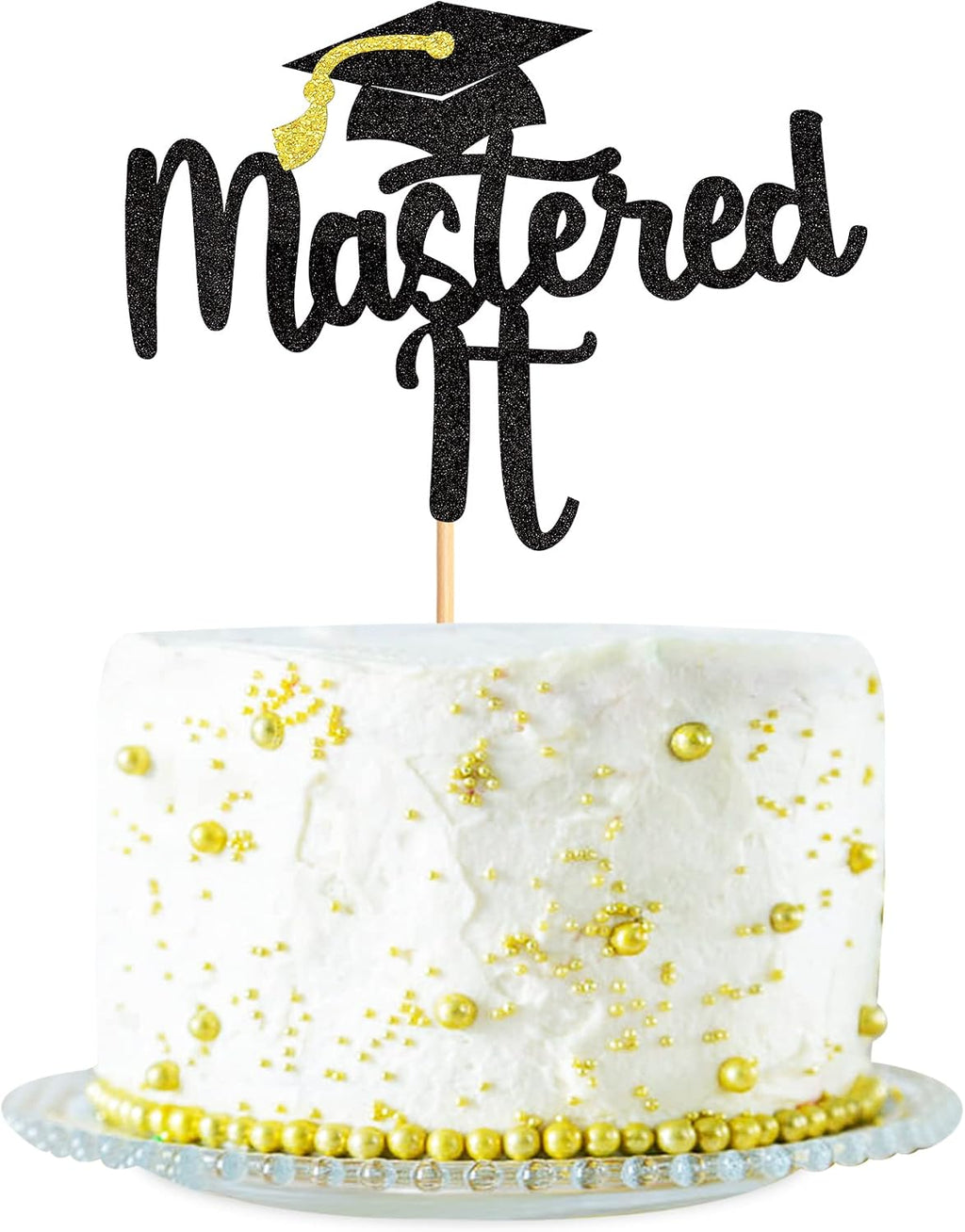 1Pc Black Glitter Mastered It Cake Topper, College Grad, Congratulations MBA Graduation Party Decorations Supplies