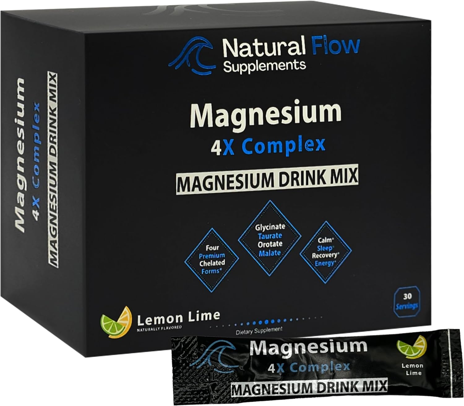 Magnesium Powder Drink Mix - Lemon/Lime - Natural Flow 4X Magnesium Glycinate, Taurate, Malate, Orotate Supplement, Calm Sleep and Cramp Support Blend, No Mag Citrate or Oxide, 30 Packs (Drink Mix)