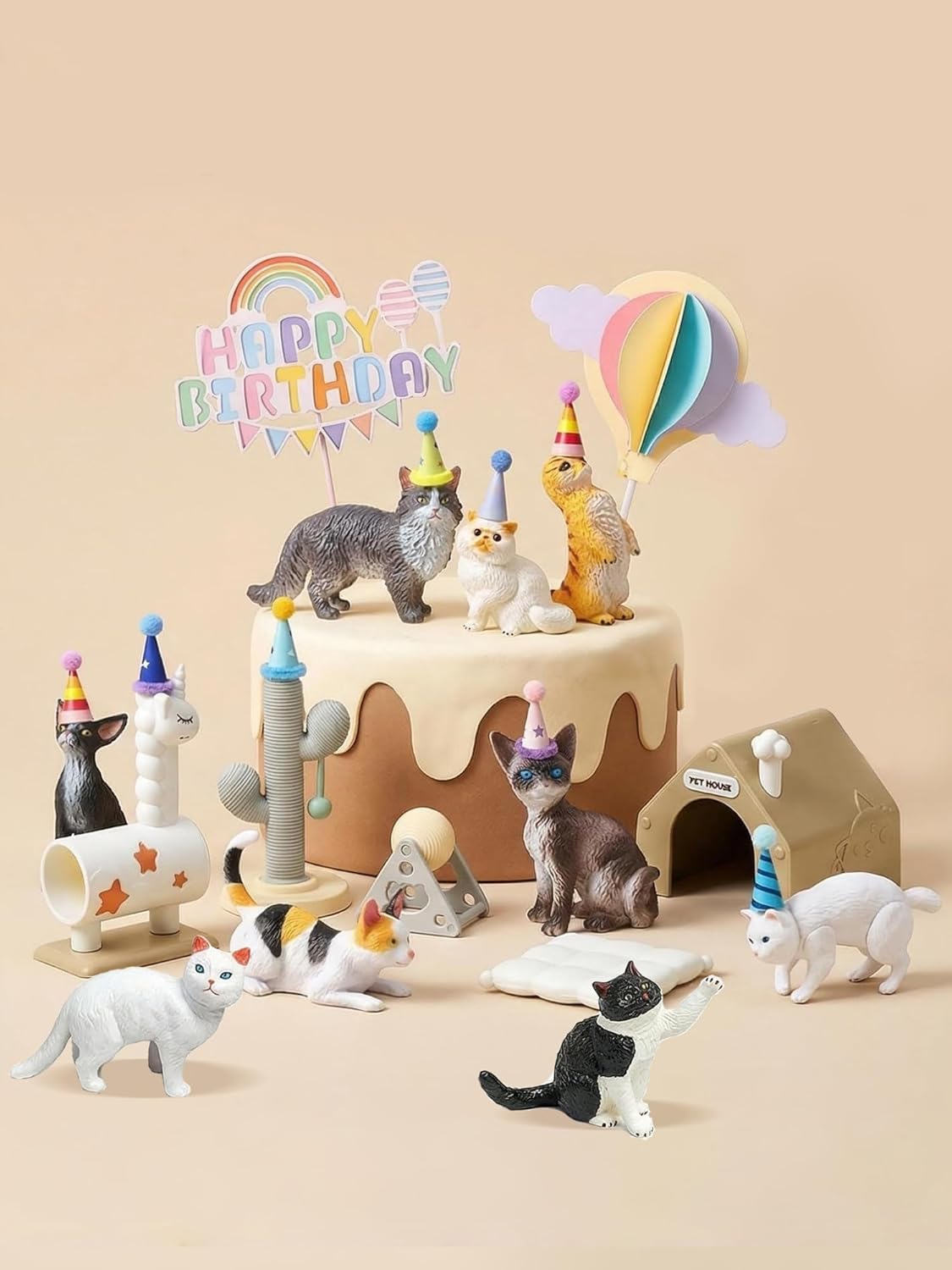 25 Pcs Cat Cake Topper with Animal Figurines, Mini Party Hats for Animals Themed Party, Cat Themed Birthday Party Decorations, Gifts for Cat Lovers Desk Home Decorations, Cupcake Toppers