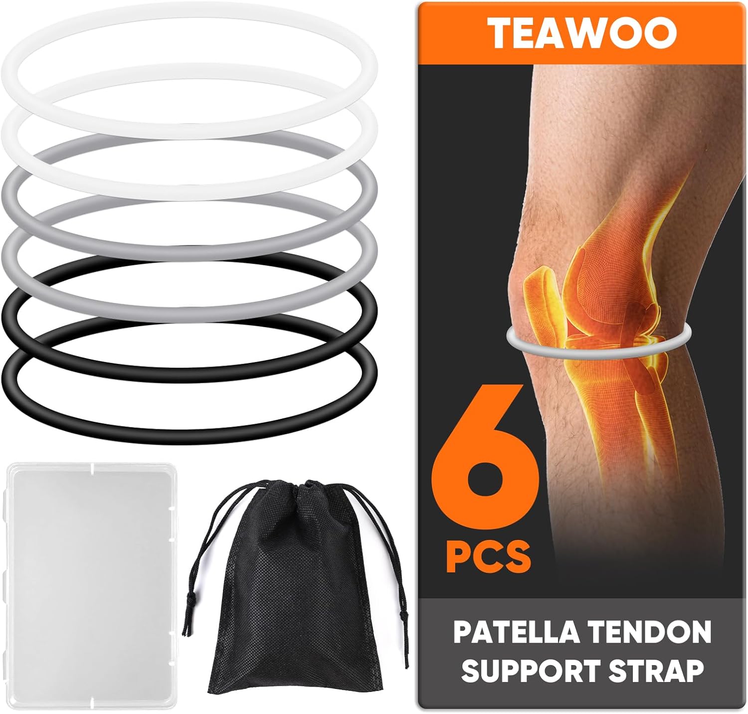 6PCS Patellar Tendon Support Strap (Black/White/Gray, 2 Each), Knee Pain Relief Patella Bands for Sports, Elastic Silicone Knee Brace for Men & Women, Portable for Gym, Running, Basketball