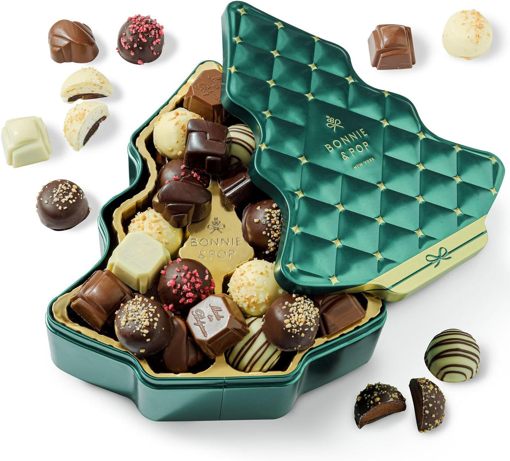 Christmas Chocolate Gift Basket, Christmas Tree Shaped Tin with Assorted Truffles, Holiday Stocking Stuffer Present, Festive, Corporate, Family, Gift Tin Idea for Men and Women, Bonnie and Pop