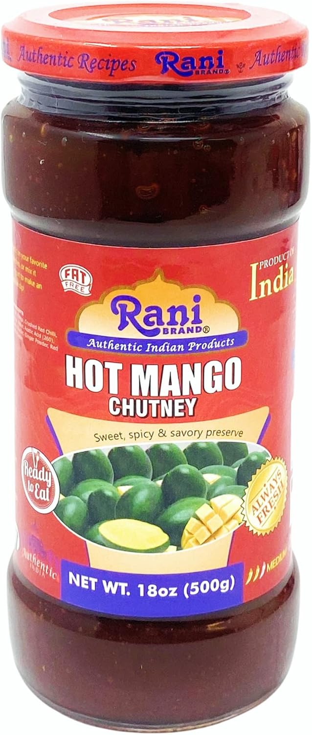 Rani Hot Mango Chutney (Spicy Indian Preserve) 18oz (1.1lbs) 500g Glass Jar, Ready to eat, Vegan ~ Gluten Free, All Natural, NON-GMO