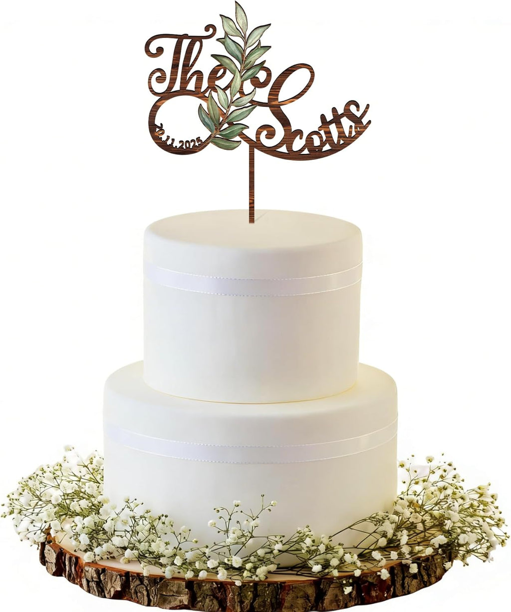 Personalized Last Name Wedding Cake Topper Custom Rustic Wedding Cake Decoration (Walnut Texture)