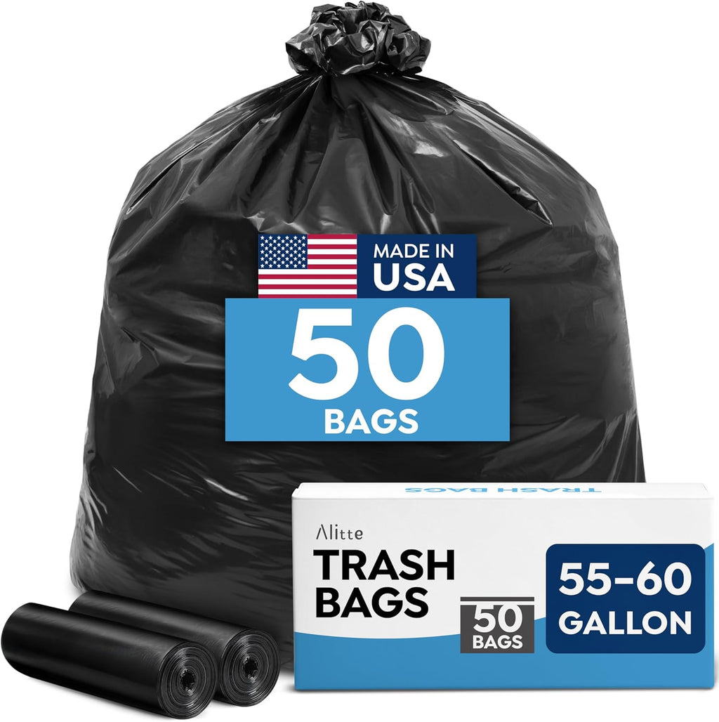 Large Trash Bags 55-60 Gallon | 50 Count, Heavy Duty Black Garbage Bags | Unscented, Leak Proof, Bulk Pack for Office, Industrial & Commercial Use - Made in USA