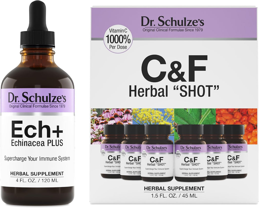 Dr. Schulze's Echinacea Plus & C&F Herbal Shot Bundle - Natural Defense Aid for All-Season Immune Support - Vitamin C & Organic Echinacea - Convenient Liquid Format - Gluten-Free & Vegan