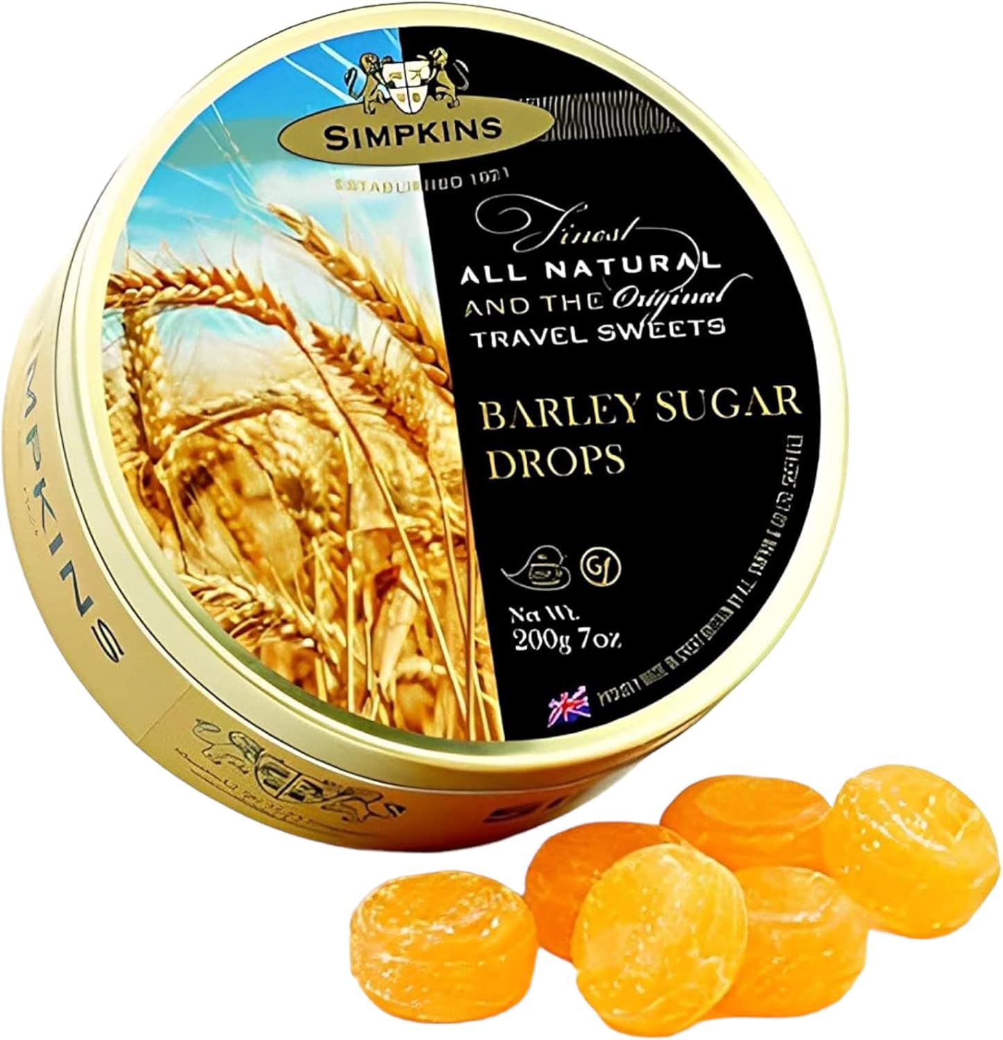 Simpkins Traditional English Barley Sugar Drops - Barley Sugar Hard Candy - Old-Fashioned Drops in Travel Tins - Dairy-Free Sweets & Nut-Free British Hard Candy - Travel Sweets 200 g