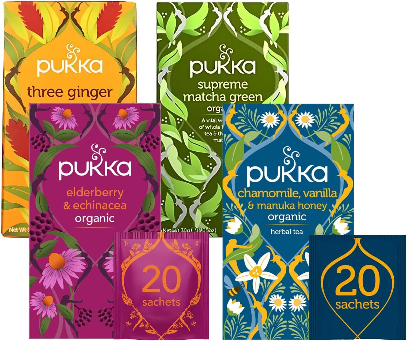 Pukka Tea Bags, Organic (Elderberry + Echinacea, Matcha Green,Chamomile Vanilla & Manuka Honey, & Three Ginger) (1ea) (Variety Pack)