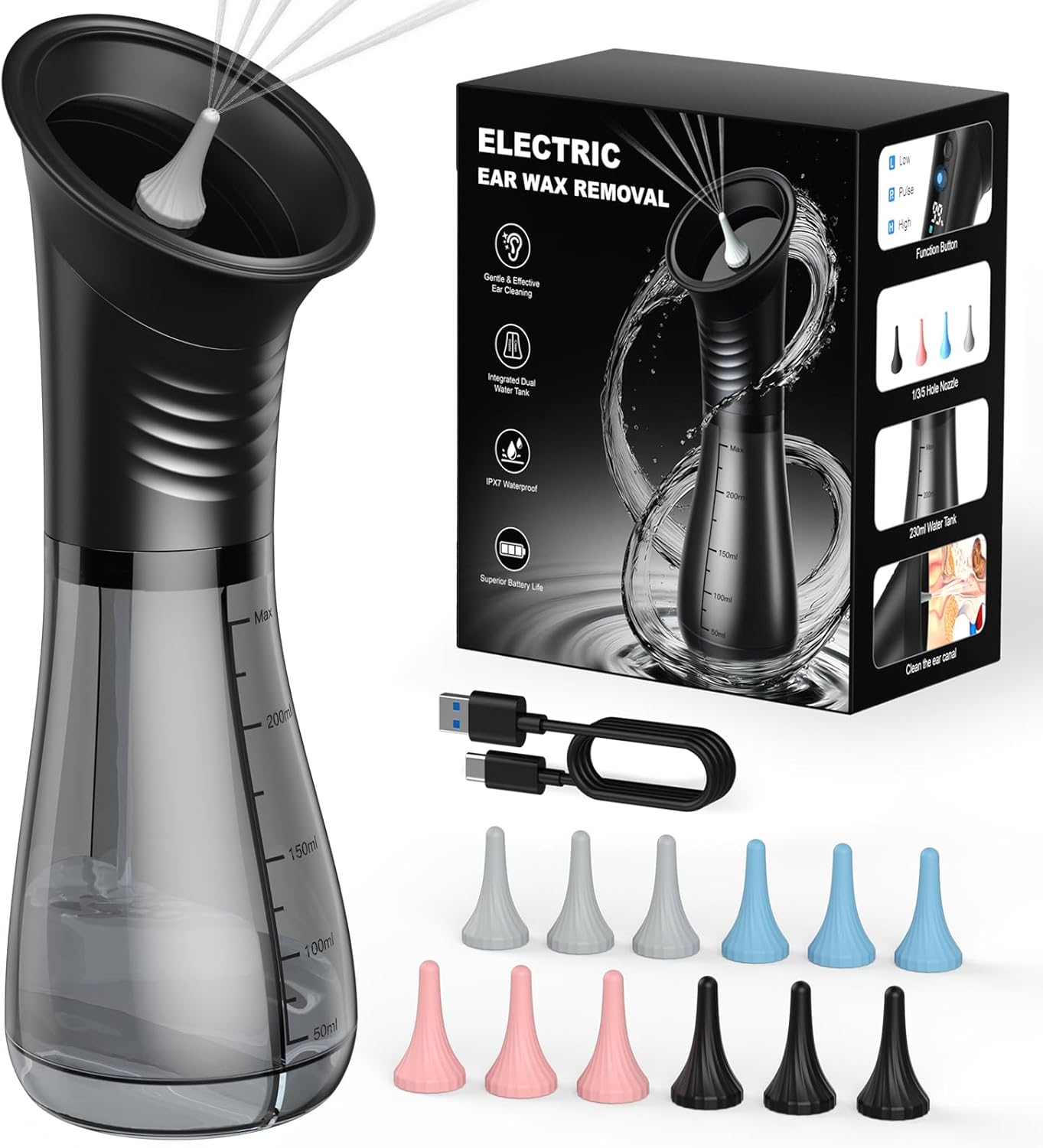Ear Wax Removal, Electric Ear Cleaner with LED Display, FSA-HSA-Eligible, Ear Irrigation Kit with Dual Tank Includes 12 Tips, IPX7, Safe & Effective Cleaning for Adults & Kids, Easy to Use