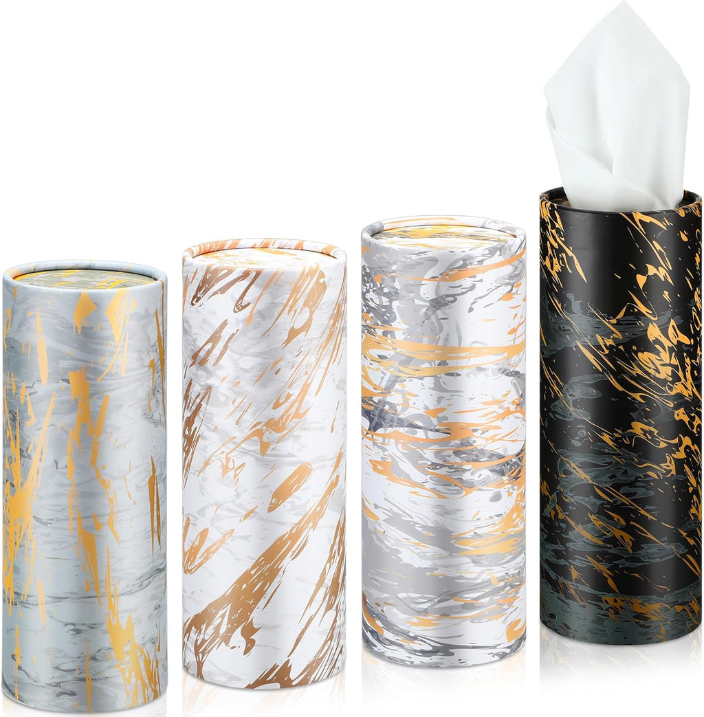 Thenshop 4 Pack Car Tissue Holder 3 Ply Facial Tissue Bulk Marble Modern Tissues Cylinder Travel Round Boxes Fits Car Cup Holders Small Tissues Container for Home Bathroom Everyday Refill