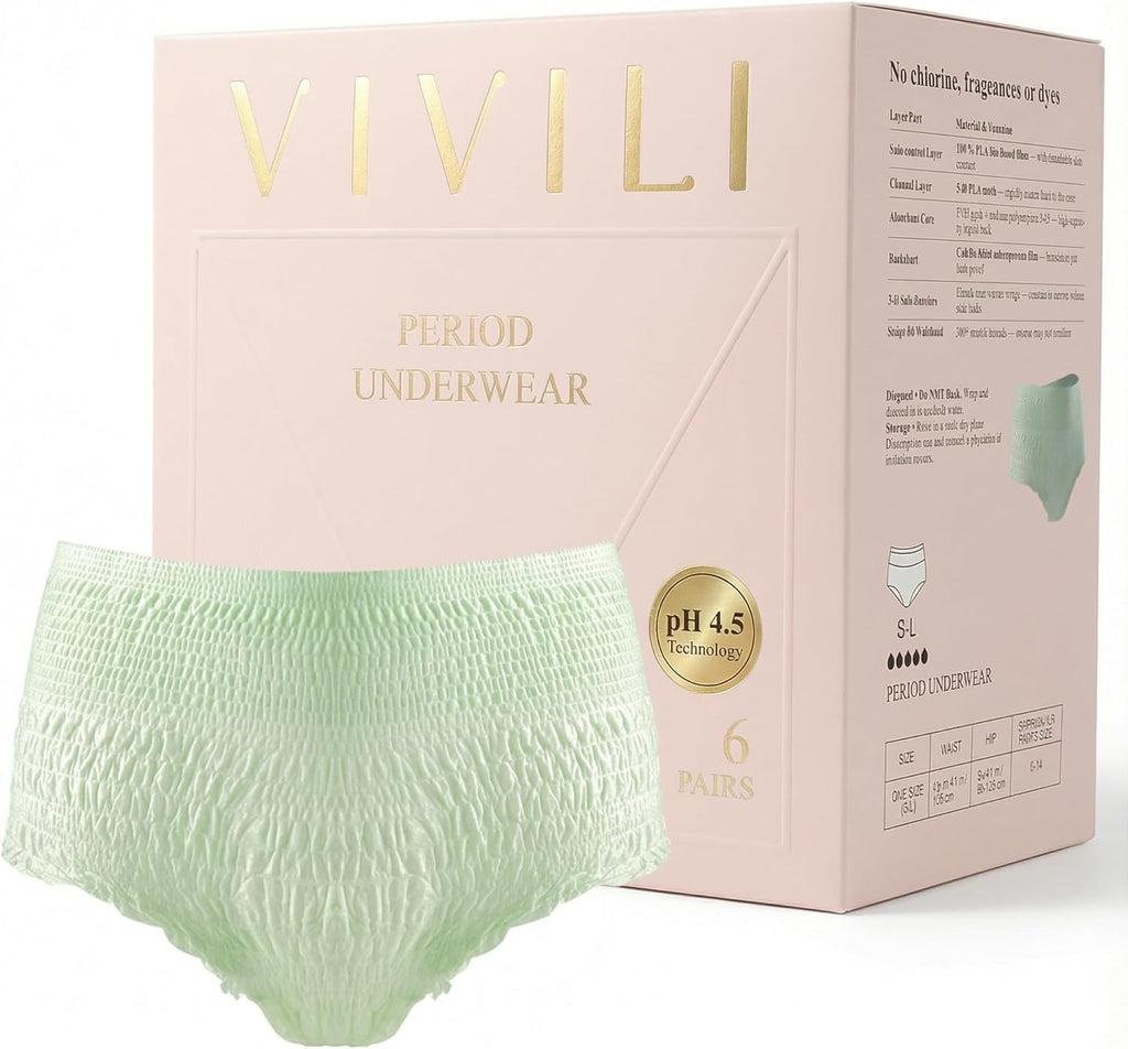 pH 4.5 Period Underwear Overnight (Sage Green, 6 Count, S-M) — Holds 8 Tampons, 17x Drier, Zero Re-Wet | Disposable Menstrual Panties for Heavy Flow, Postpartum & Incontinence, Plant-Based