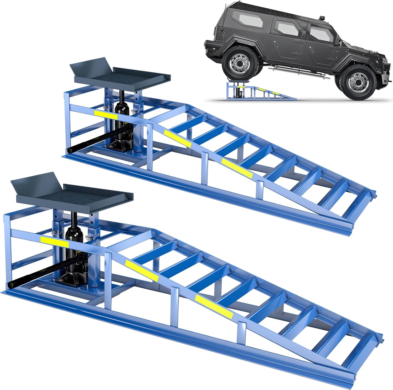 2 Heavy-Duty Car Ramps, 5-Ton (5000 kg) Capacity, High-Load Hydraulic Ramps with Reflective Strips for Safe Nighttime Use, Adjustable Height from 9.8 to 15 in, Usable as Workshop Lifting Platform