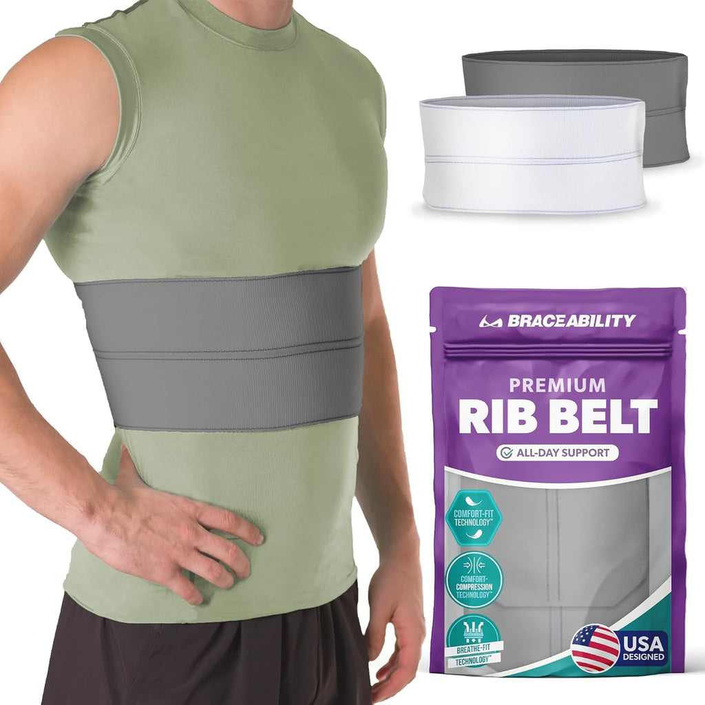 BraceAbility Broken Rib Brace for Men and Women - Rib Protector Compression Wrap, Chest Support Belt for Bruised, Fractured, Dislocated Ribs, Costochondritis Relief, Sternum Brace (Male - Gray)
