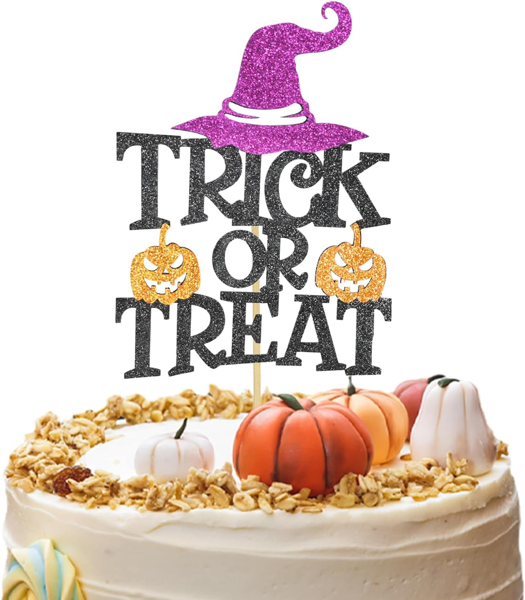 1 Pack Halloween Cake Toppers, Glitter Trick or Treat Cake Picks for Baby Shower, Halloween and Birthday Party Decorations Supplies (Trick or Treat)