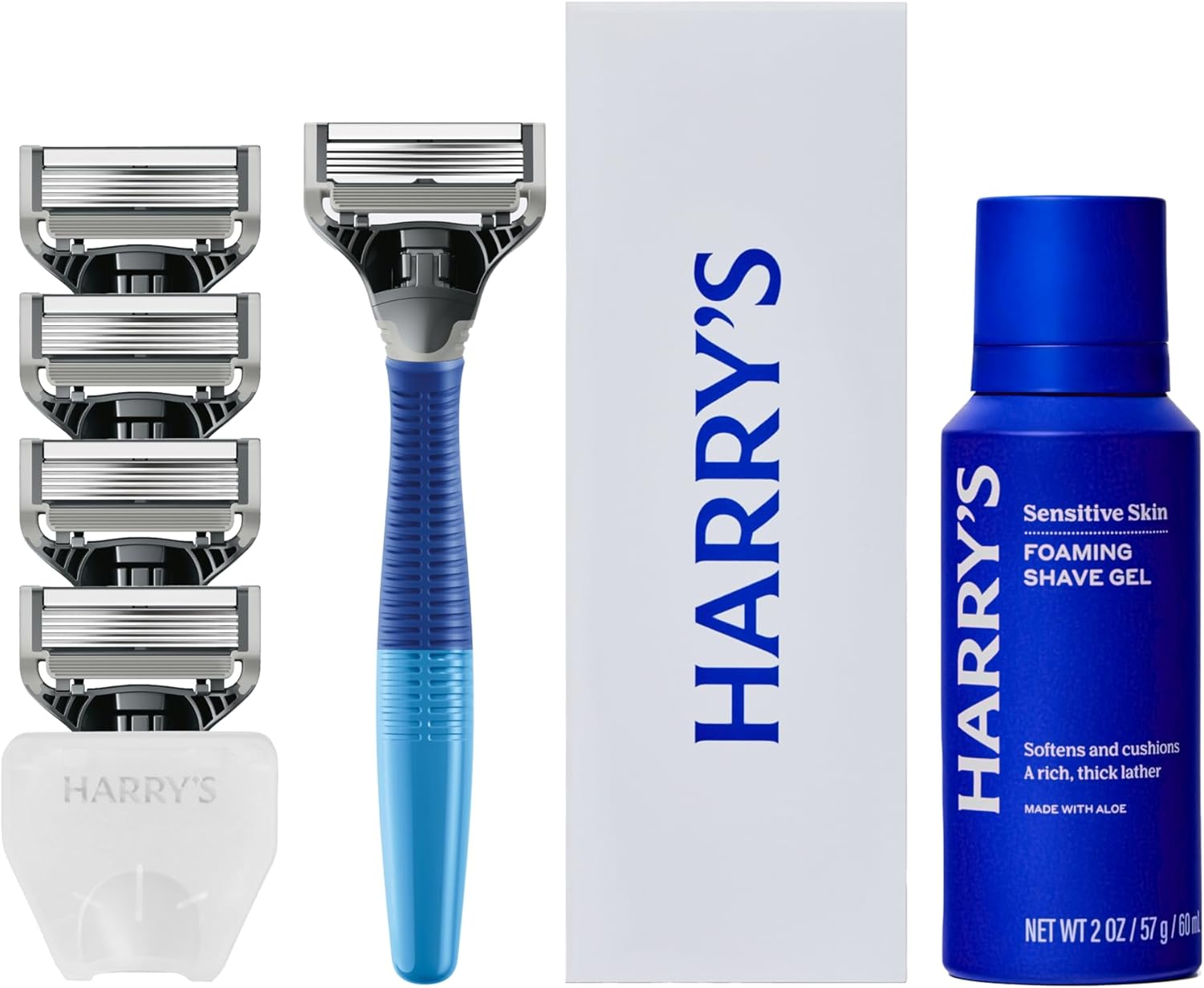 Harry's Original Shaving Kit for Men - Razor Handle, 5 Razor Blade Refills, Foaming Shave Gel, and Travel Blade Cover - TSA Approved Travel Essentials - German Engineered - Ocean Blue