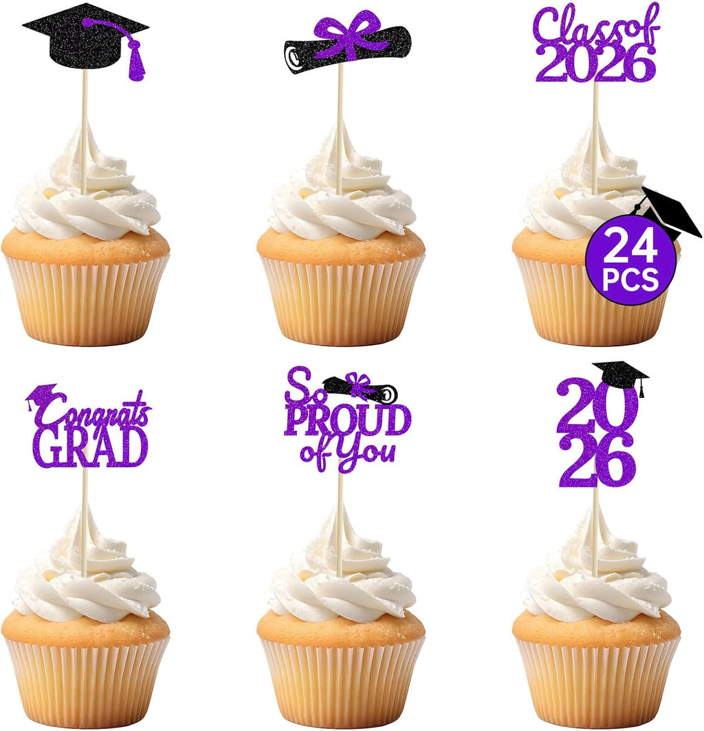 24 Pcs Graduation Cupcake Toppers 2026 - Congrats Grad Decorations Class of 2026, Pre-Assembled Purple Grad Cake Topper Centerpieces for Graduation Party Decoration Supplies Table Decor, 6 Styles
