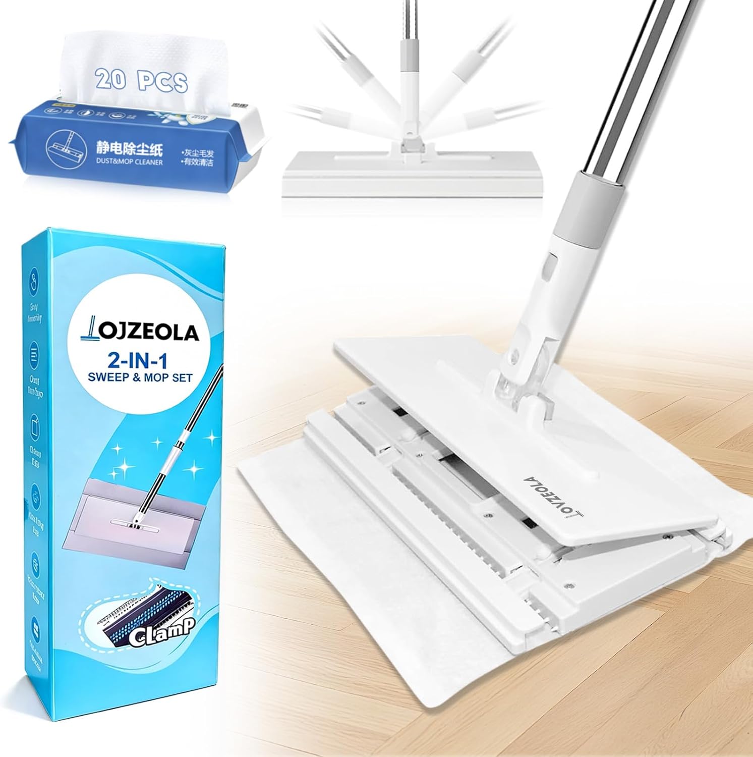 Snap Grip Mop, Cloth Changing Mop, Zero Touch Lazy Mopa with Automatic Cloth Changing, Wet & Dry Dust Mopping for Hardwood, Vinyl, Laminate, Tile, Includes 20 Dry Pads, Home Cleaning Essential (White)