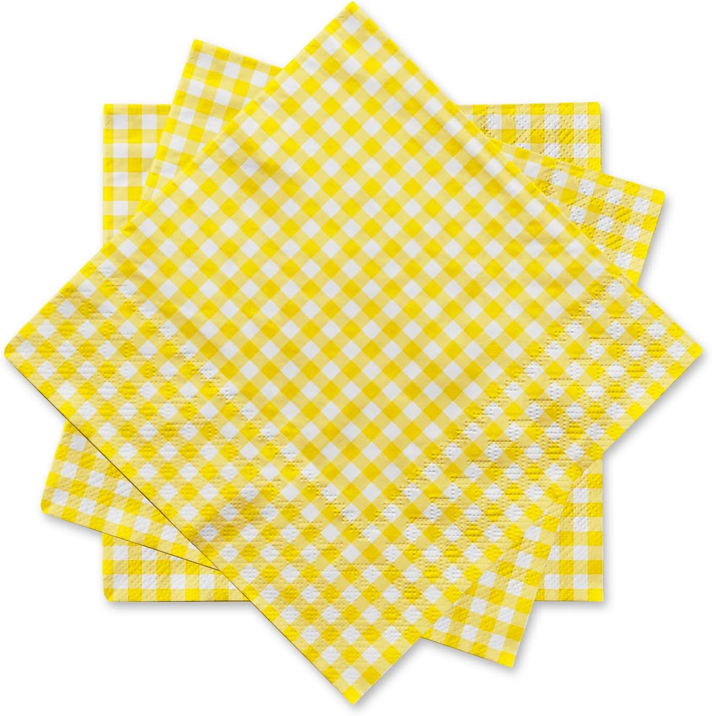 Gatherfun Party Supplies, Disposable Paper Napkins Yellow and White Gingham Napkins for Easter Party（3-ply, 6.5X6.5 in, 50-Pack)