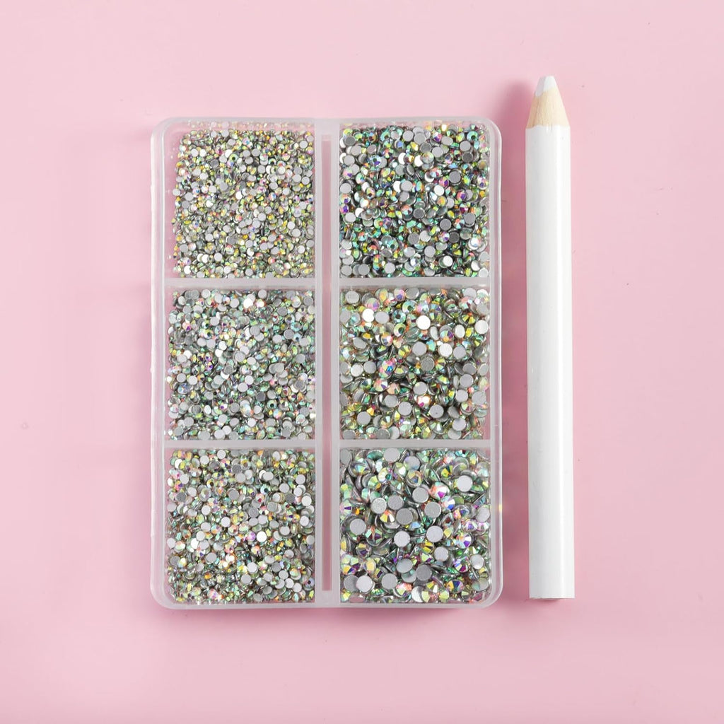 Flatback Rhinestones AB Crystal Rhinestones Nail Gems Round Crystal Rhinestones for Crafts,Mixed 6 Small Sizes with Wax Pencil Kit,7200 PCS, SS3-SS10, Crystal AB