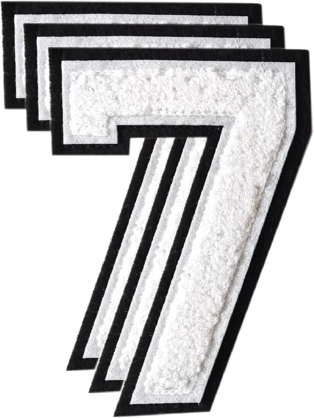 3PCS White Chenille Numbers Patch, Large Size 4-1/2" Iron on Number Patches Varsity Patches for Clothing, 7