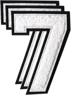 3PCS White Chenille Numbers Patch, Large Size 4-1/2" Iron on Number Patches Varsity Patches for Clothing, 7