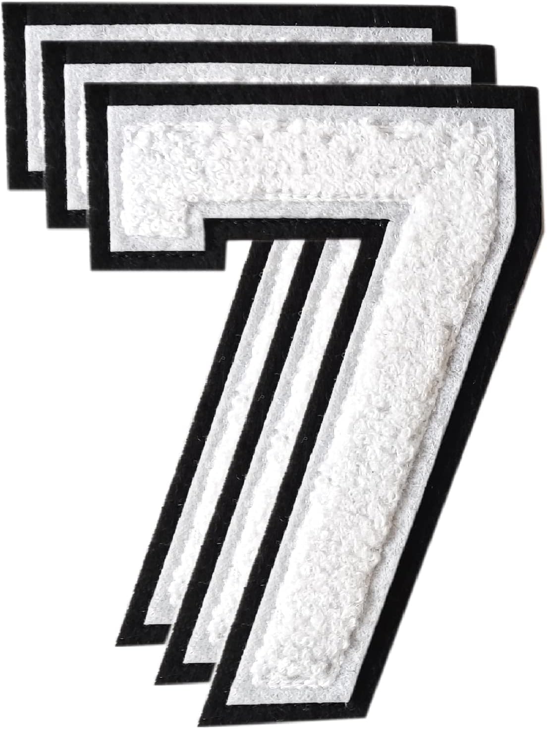 3PCS White Chenille Numbers Patch, Large Size 4-1/2" Iron on Number Patches Varsity Patches for Clothing, 7