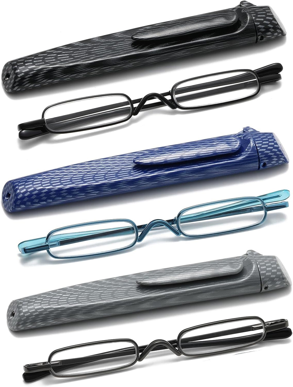 Pocket Reading Glasses with Pen Clip Case - Slim Mini Compact Readers Portable Spring Hinge Eyeglasses (Black, Gunmetal, Blue, +2.25)