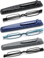 Pocket Reading Glasses with Pen Clip Case - Slim Mini Compact Readers Portable Spring Hinge Eyeglasses (Black, Gunmetal, Blue, +2.25)