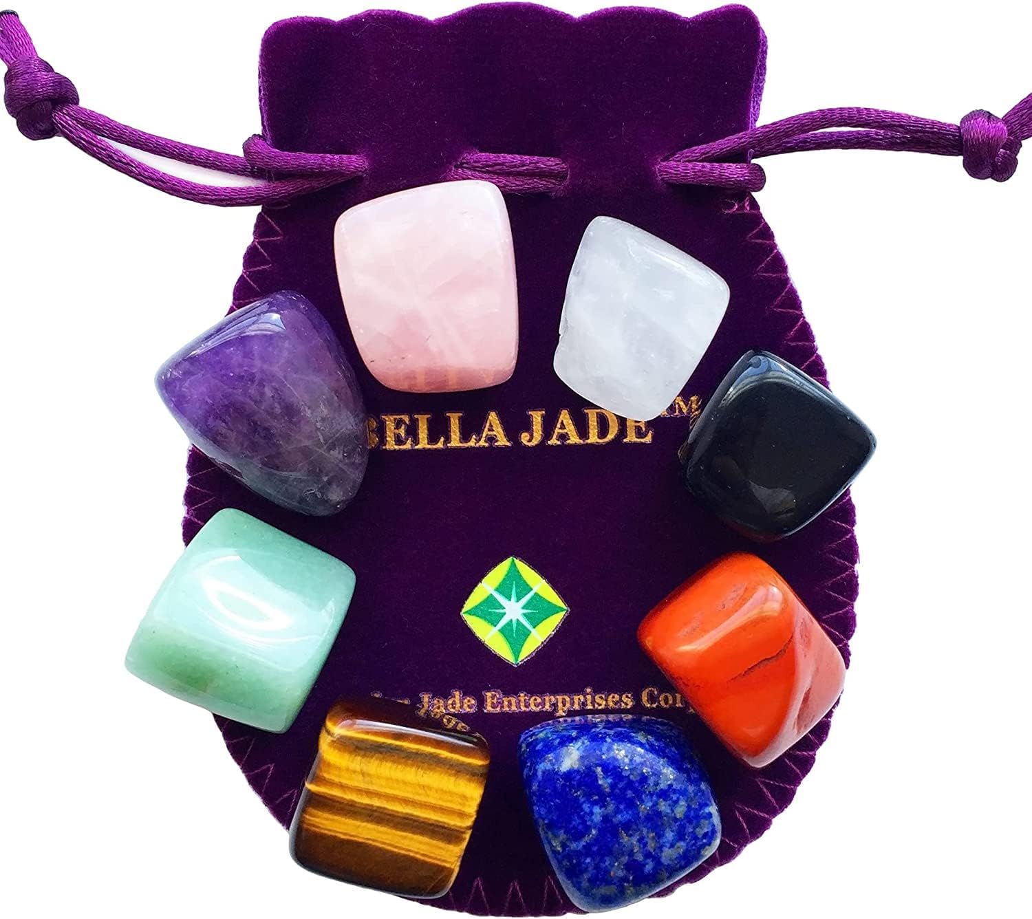 Bella Jade Healing Crystals Set of 8, for Use as 7 Chakra Stones, Worry Stones, Hot Spa Rock & Massage Stones in Grounding Balancing Soothing Meditation Reiki