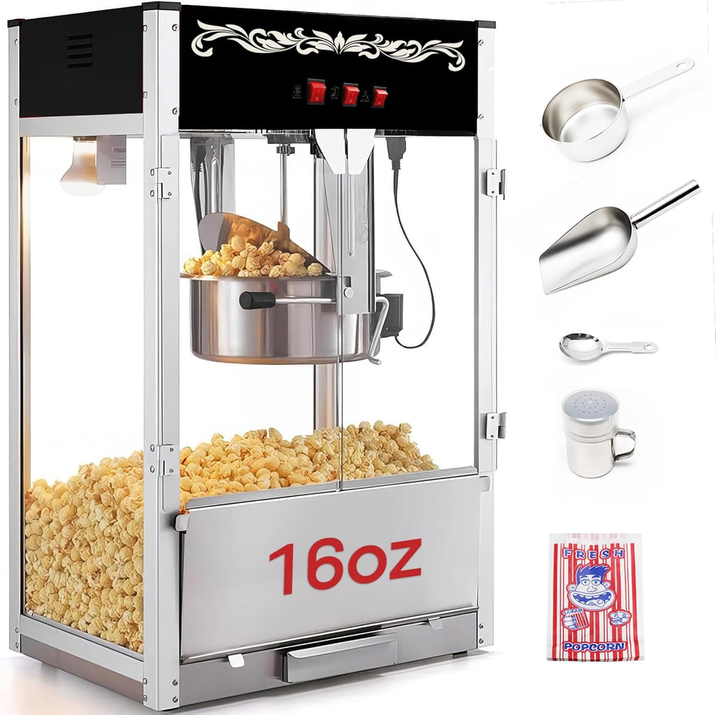 Commercial Popcorn Machine, Authentic 16oz Kettle Countertop Popcorn Maker with Waming Deck, 1600W Large Popcorn Machine for Restaurant, Concession Stand, Carnival, School, Black