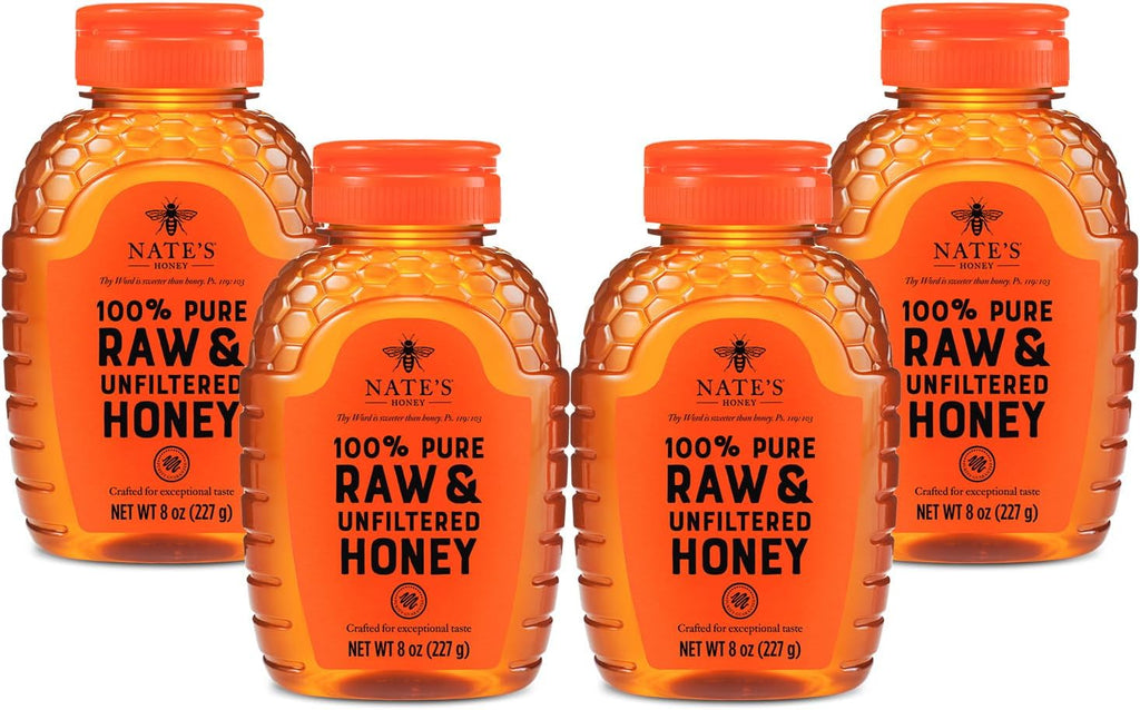 Nature Nate's 100% Pure, Raw & Unfiltered Honey, Award-Winning Taste - 8 oz Squeeze Bottle (4 Pack)