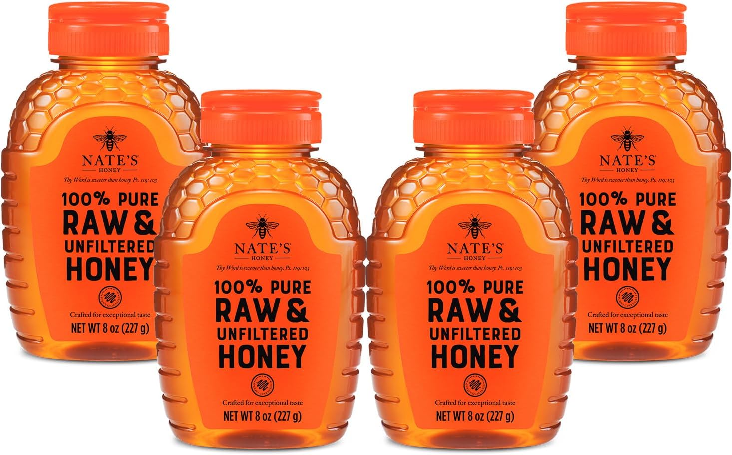 Nature Nate's 100% Pure, Raw & Unfiltered Honey, Award-Winning Taste - 8 oz Squeeze Bottle (4 Pack)