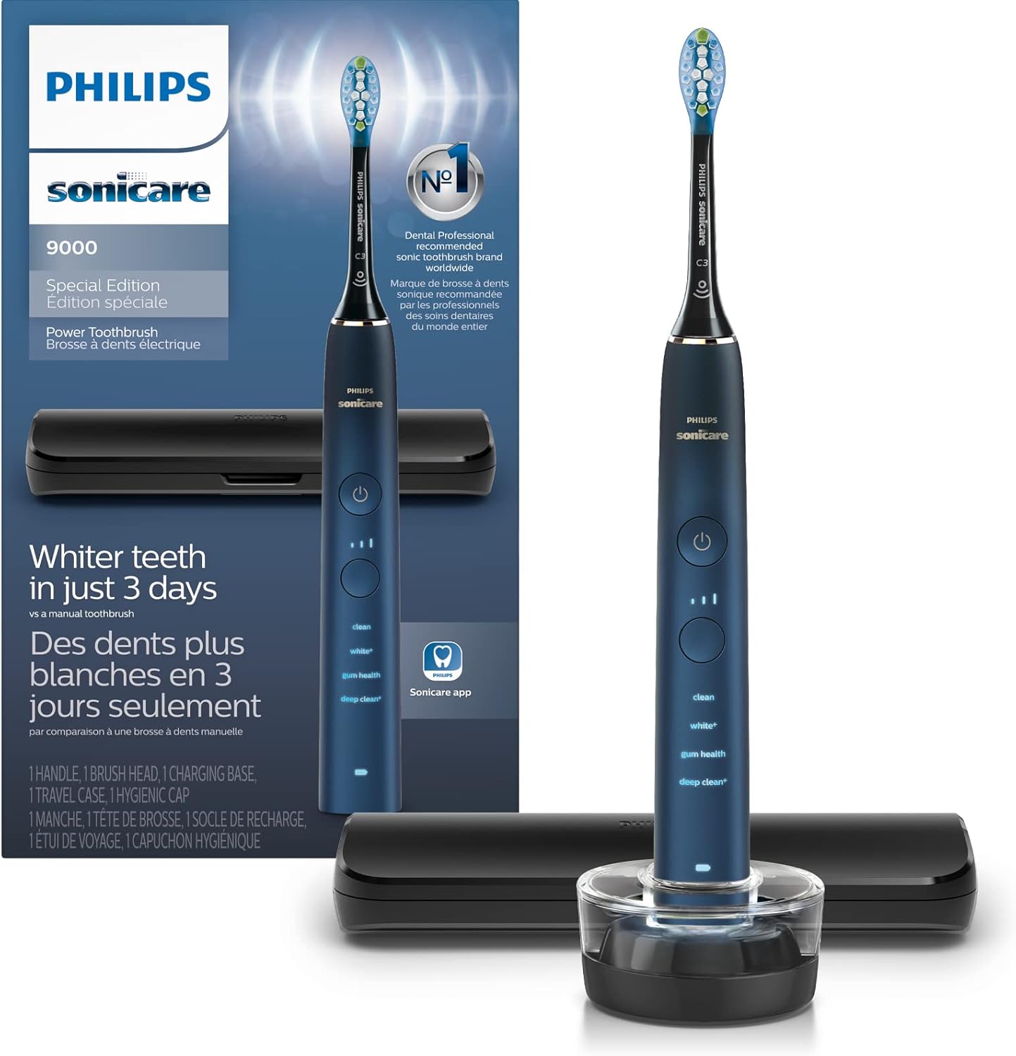 Philips Sonicare DiamondClean 9000 Electric Toothbrush - Sonic Toothbrush with App, Pressure Sensor, 12 Brushing Settings, Replacement Reminder, Charging Stand, Travel Case, Aquamarine, HX9911/92