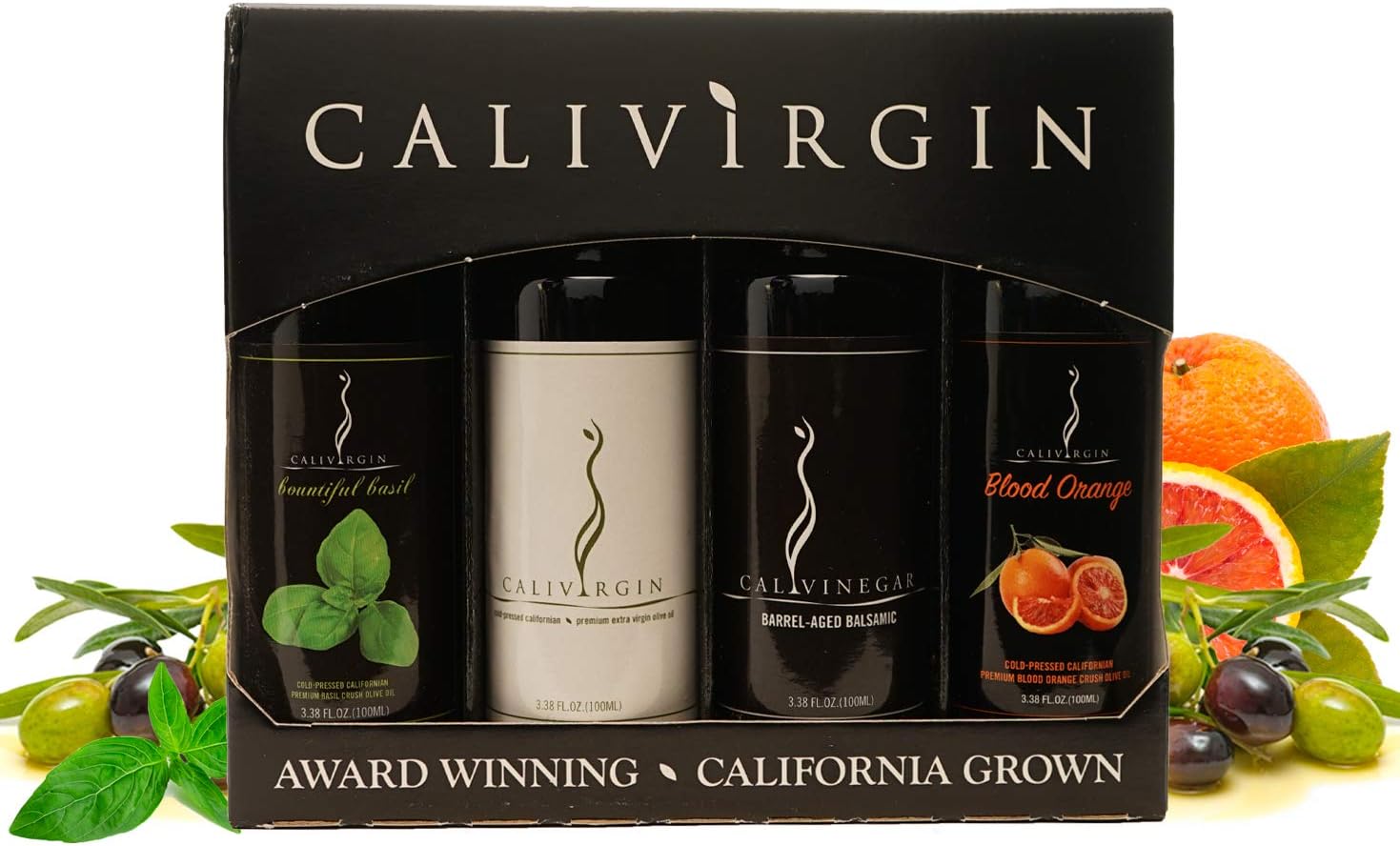 Calivirgin Olive Oil & Balsamic Vinegar Popular Gift Set - Modena Balsamic Vinegar & Extra Virgin Olive Oil Gift Set - Olive Oil Sampler Set + Modena Balsamic Vinegar - 4 Bottles, 100ml Each