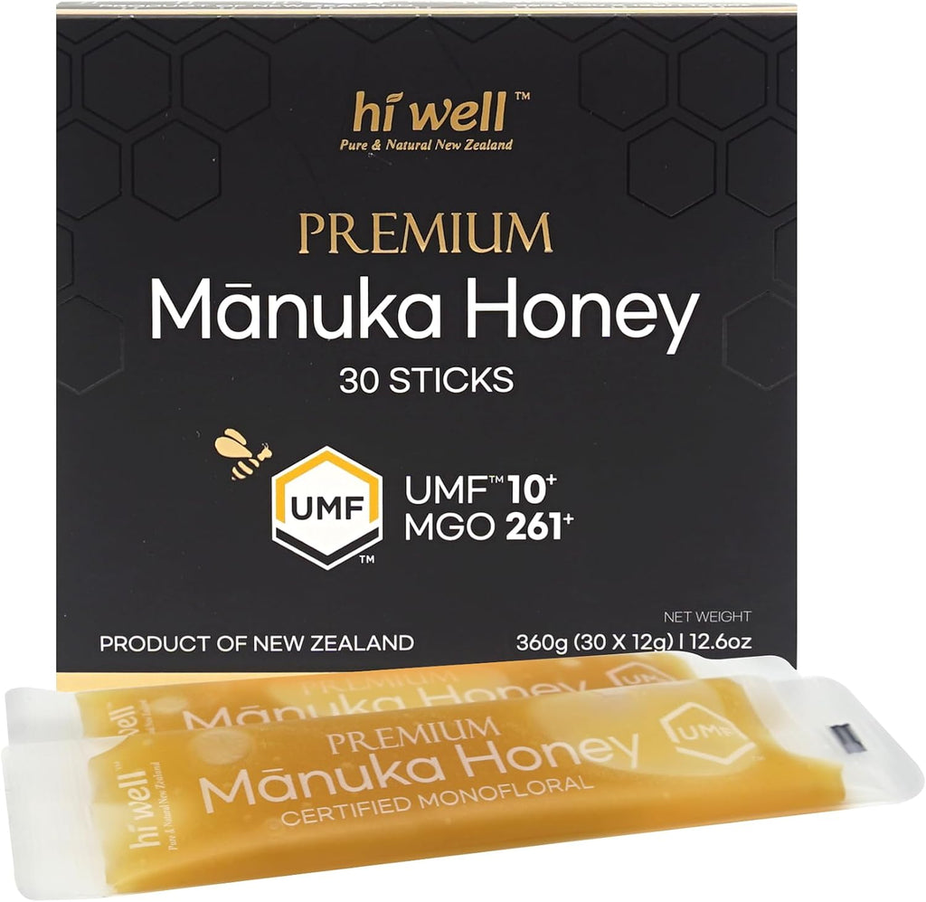 Hi Well Premium New Zealand 100% Manuka Honey | Monofloral Pure Raw Honey | UMF MGO Certified | Easy to take12g x 30 sticks | 12.6Oz(360g) (UMF 10+)