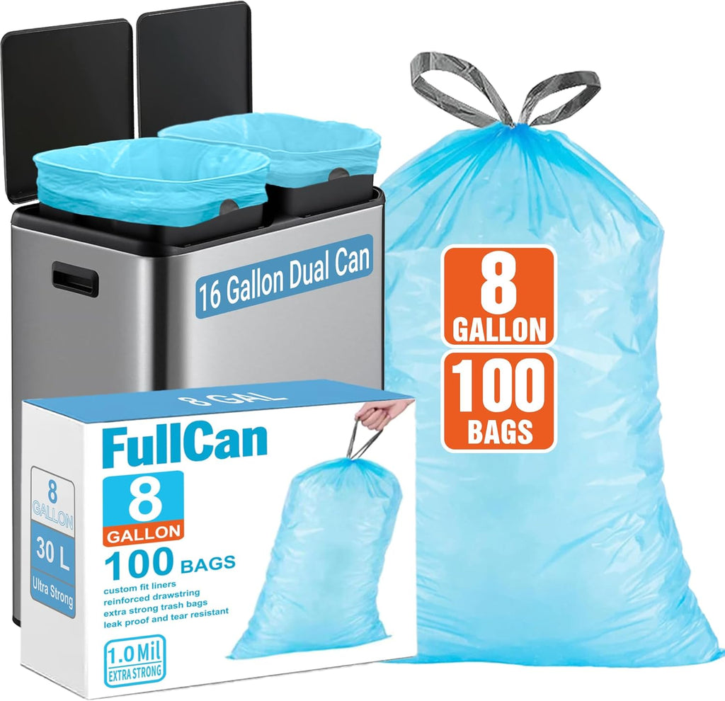 8 Gallon Trash bags for Dual Trash Can (2 x 8 Gallon), 100 count Drawstring Kitchen Garbage Bags, Pre-Separated Blue