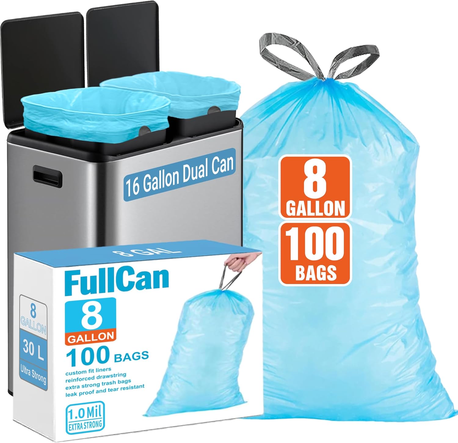 8 Gallon Trash bags for Dual Trash Can (2 x 8 Gallon), 100 count Drawstring Kitchen Garbage Bags, Pre-Separated Blue