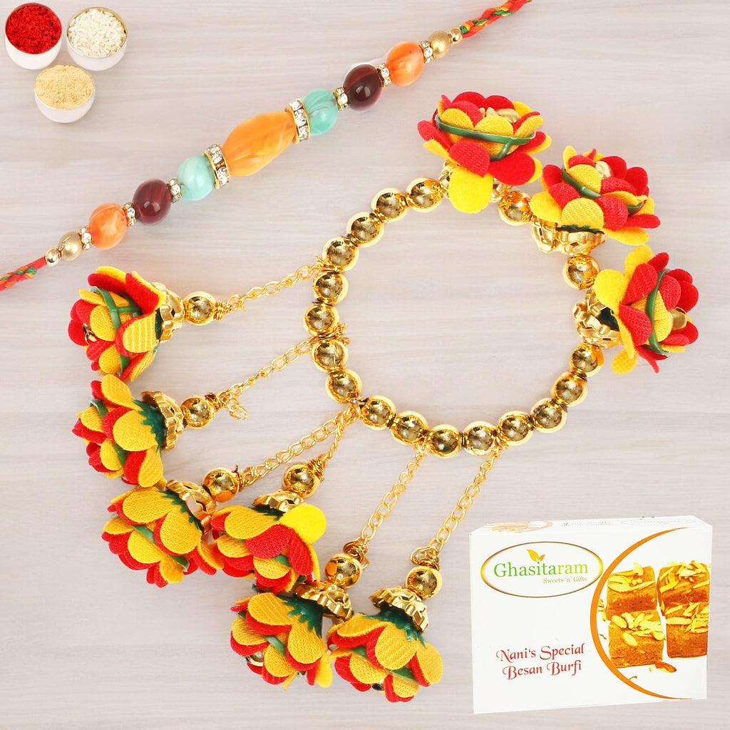 Ghasitaram Gifts Rakhis Online - Rakhi for Brother-TK-27 Bhaiya Bhabhi Rakhi with 400 GMS of Besan Barfi